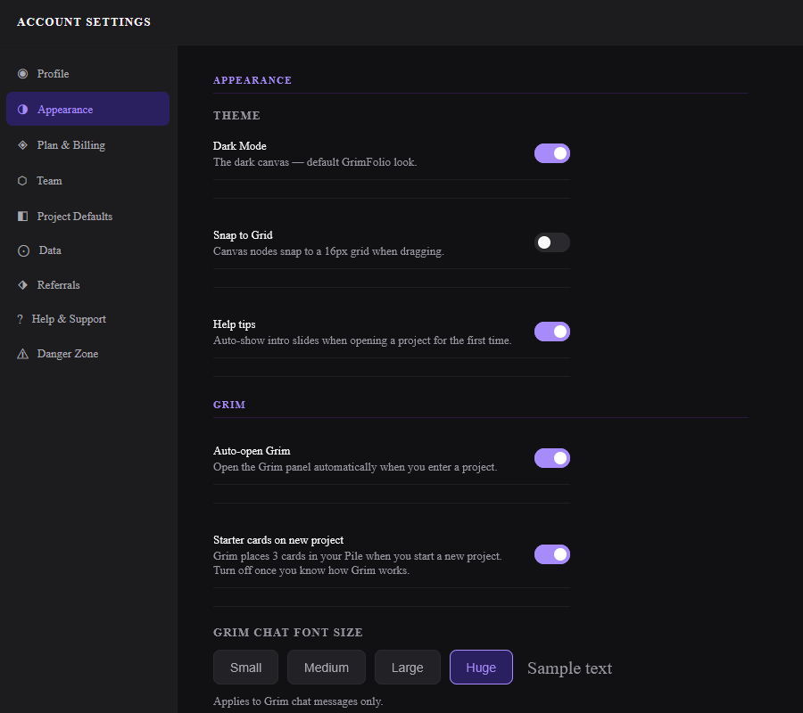 The Appearance tab showing the dark mode theme toggle, snap to grid setting, always show card handles toggle, help tips toggle, and Grim settings section