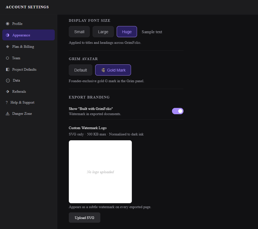 The Appearance tab showing Grim font size options with a live preview sample and export branding controls