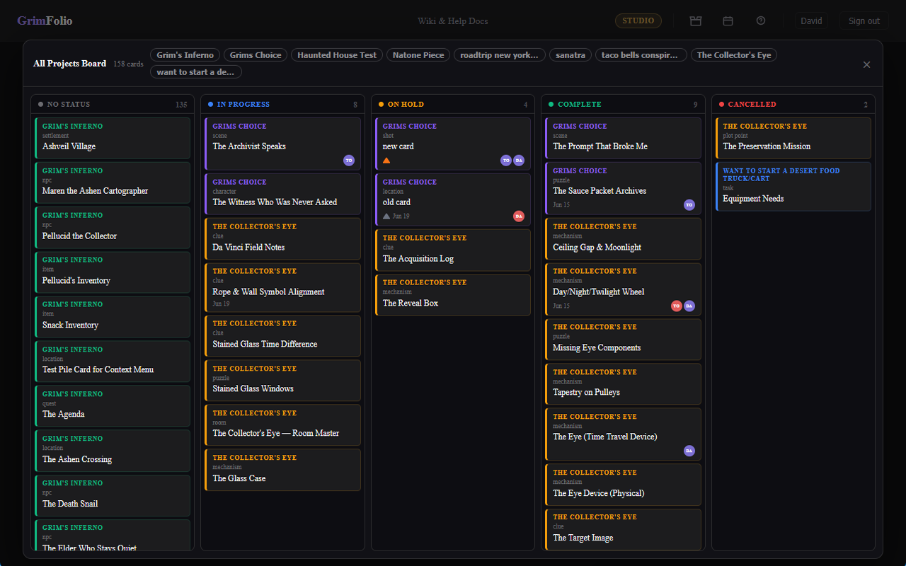 The All Projects Board showing project tabs across the top and status columns with cards from multiple projects