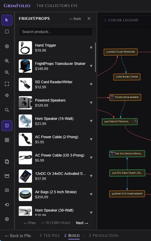 The FrightProps product list showing search, paginated results, and product rows