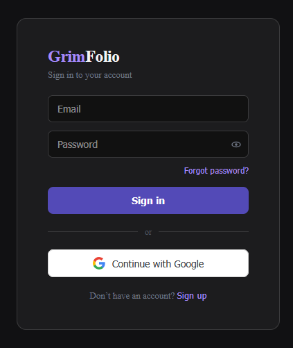 The GrimFolio sign-in screen showing the Continue with Google button alongside the email and password fields