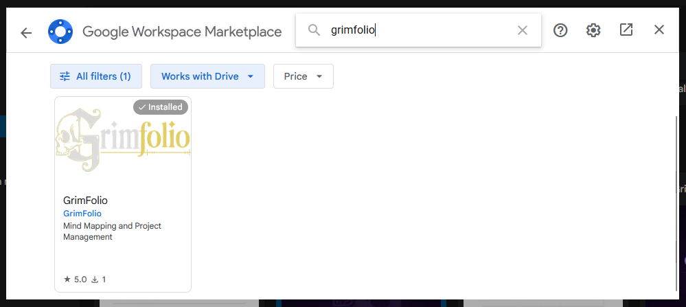 The GrimFolio Marketplace install confirmation screen