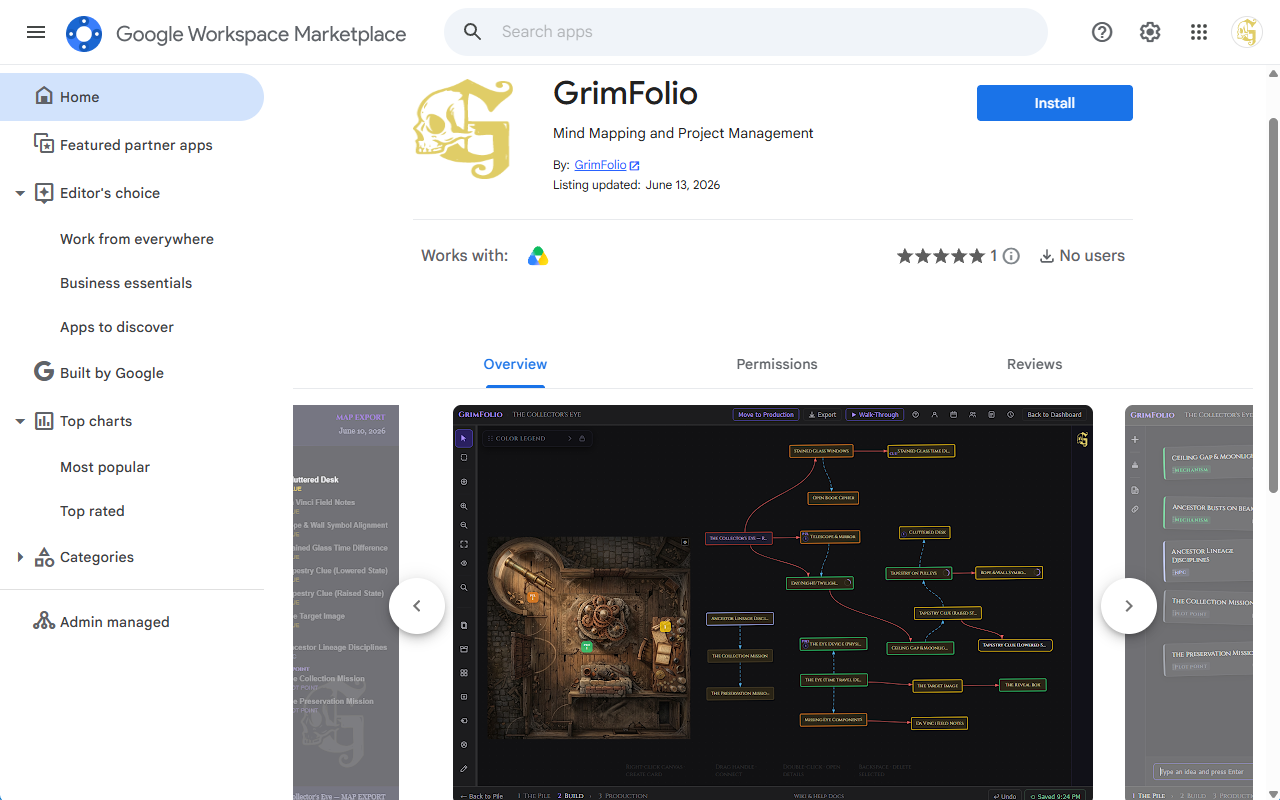 GrimFolio listed on the Google Workspace Marketplace showing the app name, description, and install button