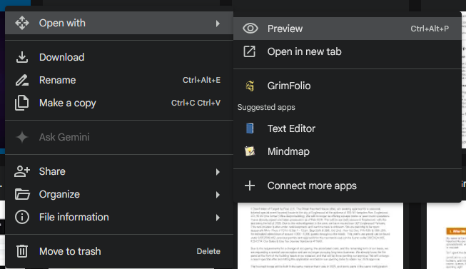 Google Drive showing the three-dot context menu on a .grimfolio file with Open with GrimFolio highlighted