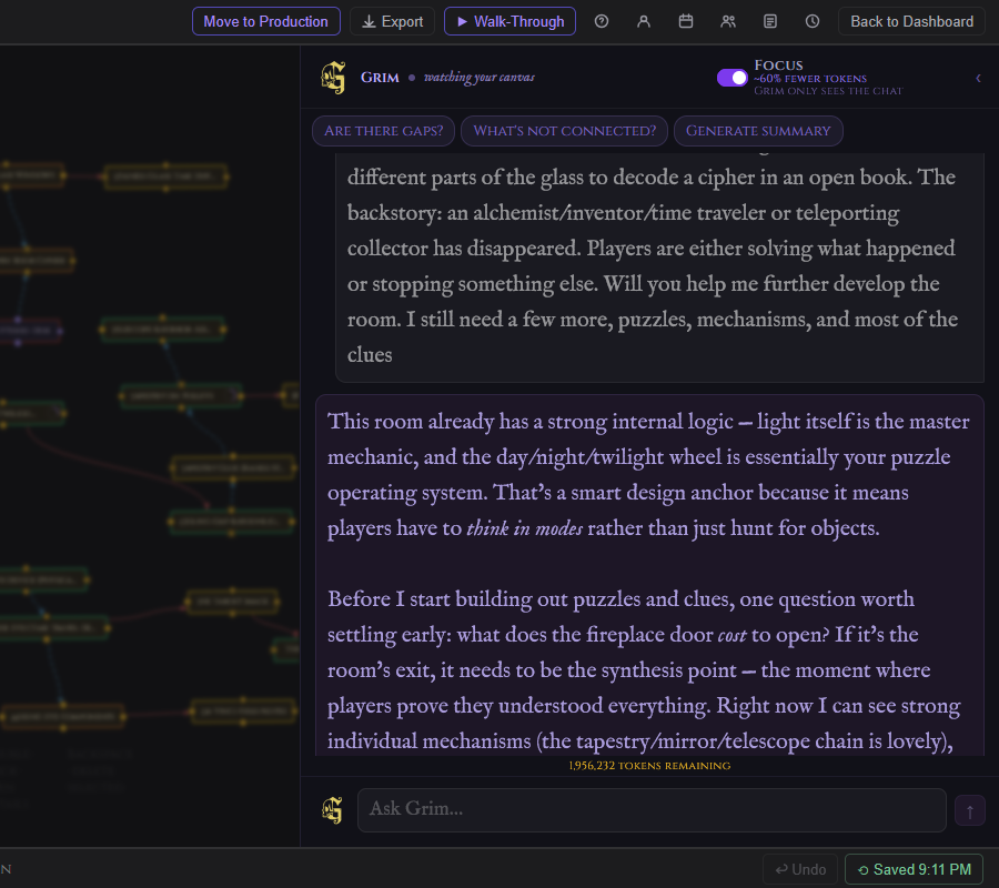 The Focus mode toggle in the Grim panel header with a token hint visible