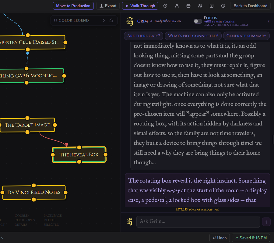 The Grim panel in Stage 2 showing a conversation in progress with the avatar, status dot, and chat history visible