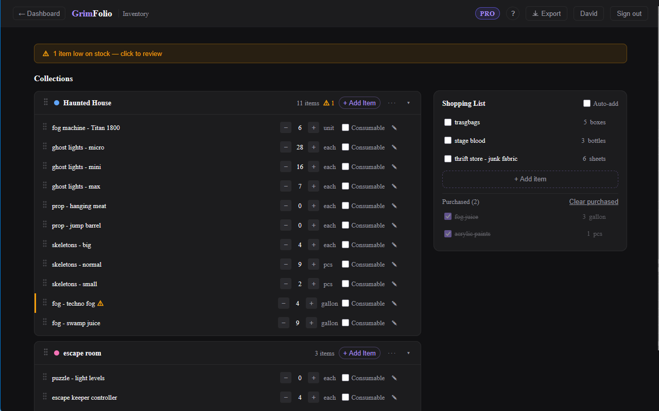 The full Inventory Manager showing collections with item rows on the left and the shopping list on the right