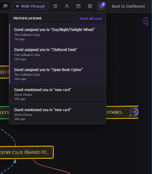The notifications panel open showing assignment and mention notifications with unread indicators