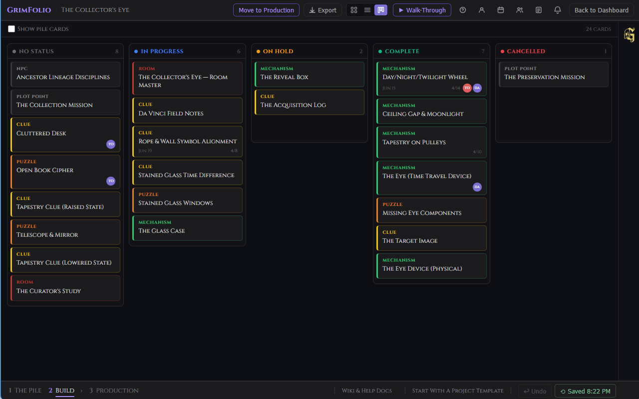 Stage 2 in Board View showing cards in Kanban-style columns by status: No Status, In Progress, On Hold, Complete, Cancelled