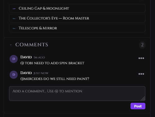 The Comments section in the card detail drawer showing posted comments with names and timestamps, and the comment input field