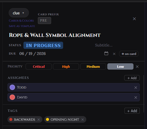 The card detail drawer header showing the Tags, Priority, Due Date, and Assignees fields