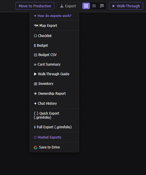 The Export dropdown menu open in the top bar showing all export options including Ownership Report