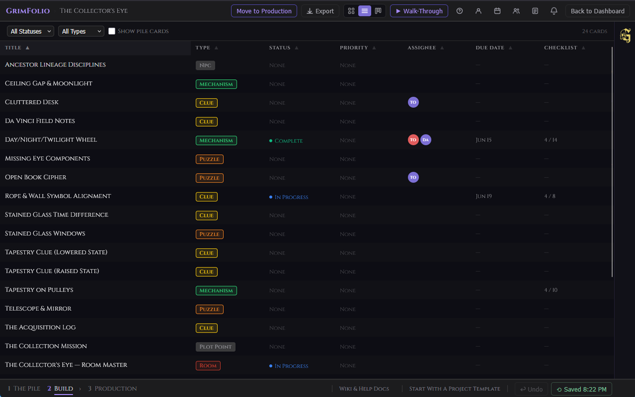 Stage 2 in List View showing all canvas cards in a sortable table with columns for type, status, priority, assignee, due date, and checklist progress