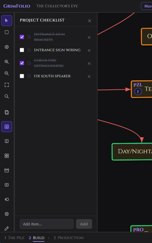 The Project Checklist panel open in the Stage 2 left sidebar showing a list of project-wide task items with checkboxes