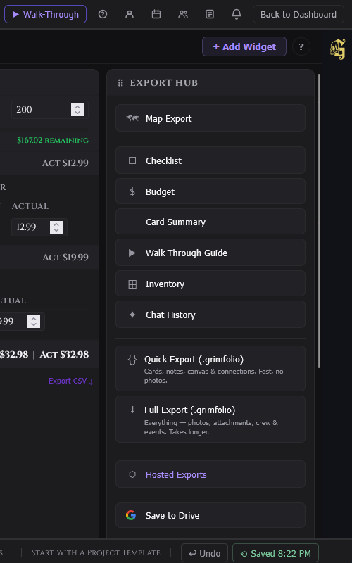 The Export Hub widget in Stage 3 Production showing all export options as labeled buttons