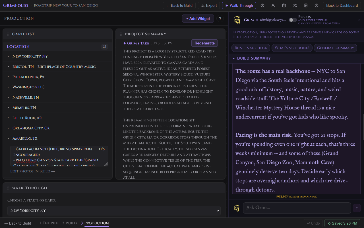 The Production Grim widget with the Build Summary card expanded and quick prompt buttons visible below