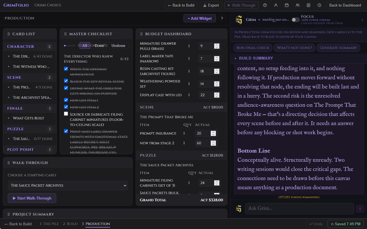 The Production board with the Grim widget active and the Build Summary card expanded showing project context