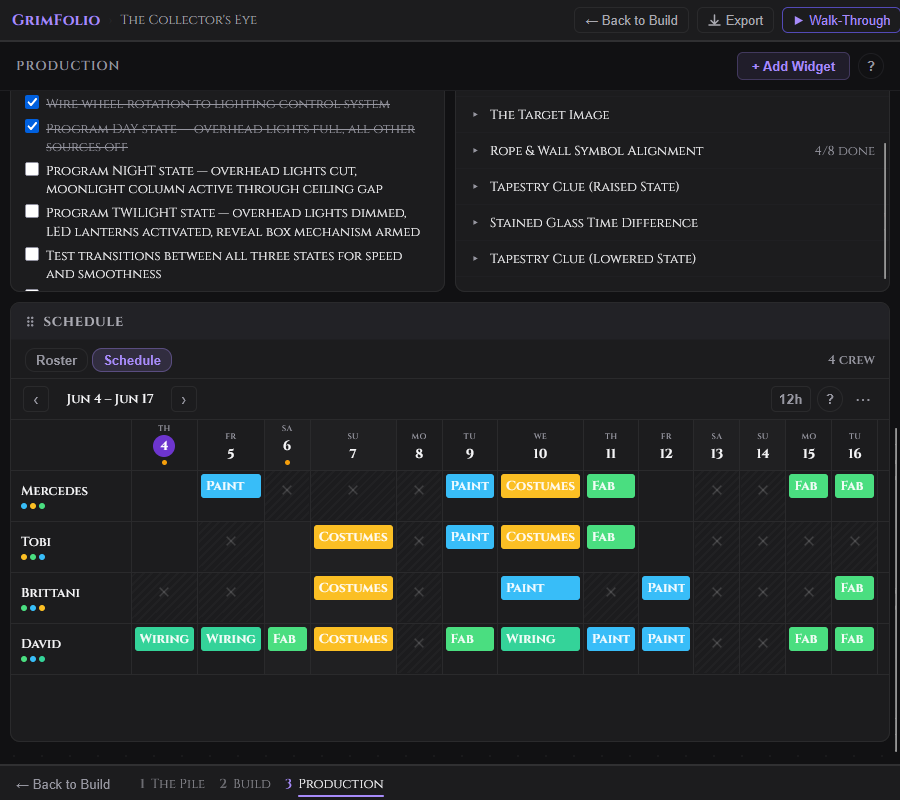 The Schedule widget showing the gantt view with color-coded shift bars and a tooltip displaying role and time range